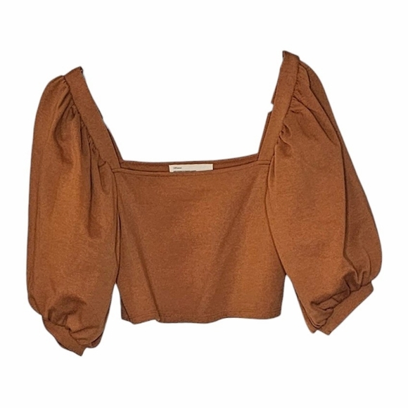 Oak + Fort Terracotta Tan Cotton Crop Top Square Neck Puff Half Sleeve size L - Picture 2 of 8